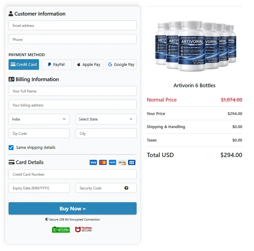Artivorin Secure Order Page